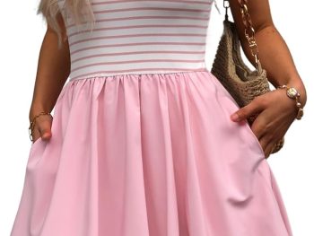 Women's Casual Bubble Mini Dress with Pockets Sleeveless Bubble Hem Striped Tank Short Dresses Summer