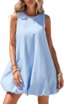 Women's Bubble Mini Dress Sleeveless Crewneck Keyhole Tie Back Tank Sundress with Pockets