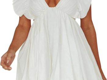 Summer Mini Dress Deep V-Neck Babydoll Dress Bubble Dress Backless Lace Up Sexy Short Dress