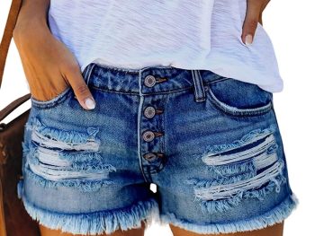 Women Ripped Denim Jean Shorts Mid Rise Summer Hot Raw Hem Casual Shorts