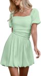 Women's Square Neck Short Puff Sleeve Bubble Dress Smocked Ruched Dresses Casual Wear